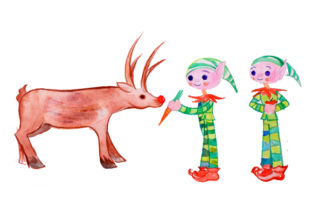 Elves Feeding Reindeer in Gouache Style for Christmas
