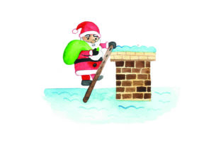 Santa Climbing Ladder Up to Chimney - Watercolor
