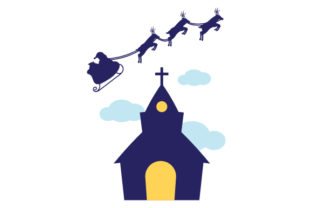 Santa Flying Sleigh over Church — Christmas
