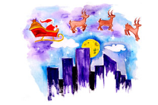 Santa Flying Sleigh Past Skyscraper in Gouache Style